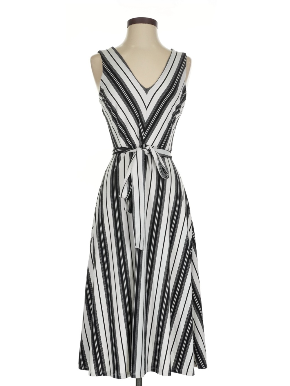 H&M Sleeveless Black & White Striped V-Neck Midi Dress with Waist Tie Like New